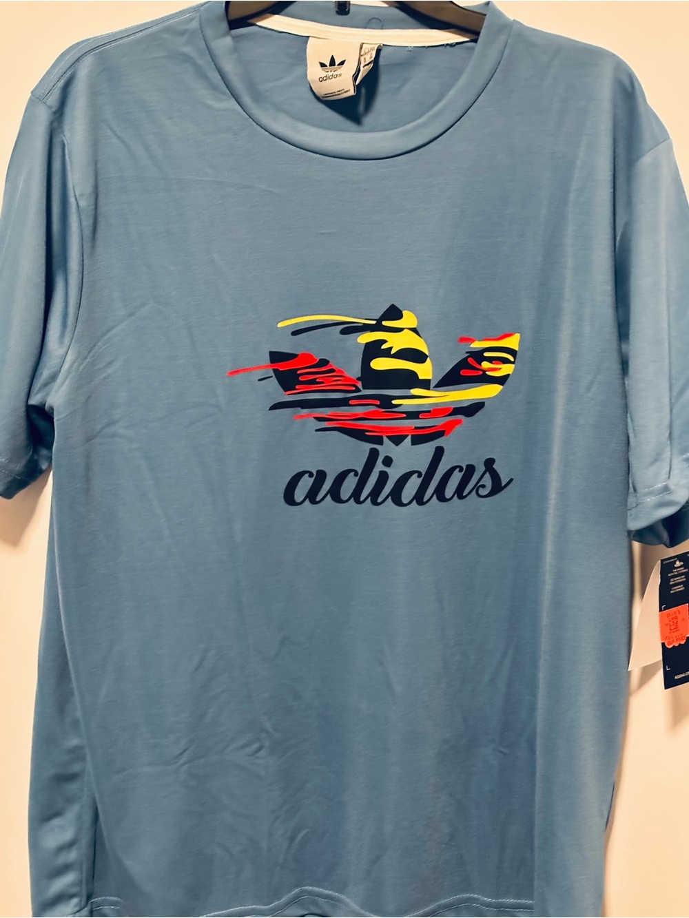 adidas Light Blue polyester Tee with Multicolor Trefoil Graphic